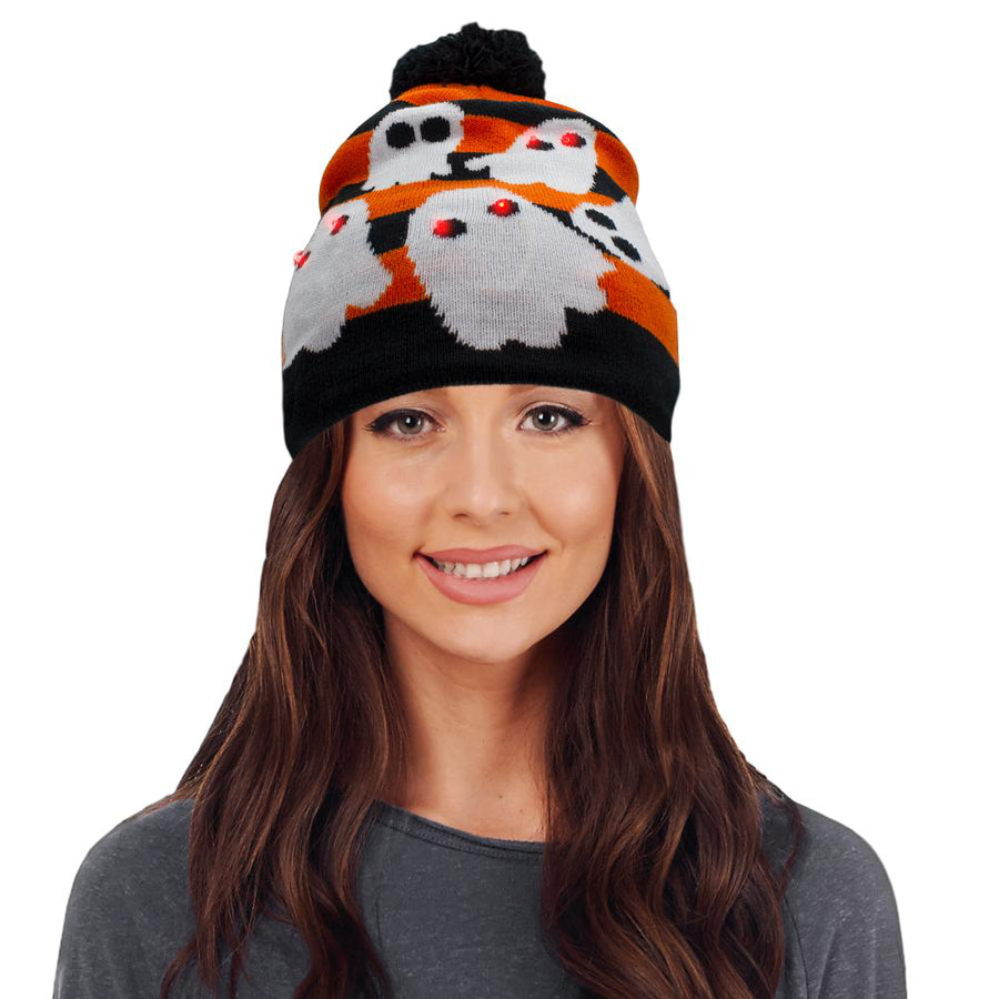 Light Up Ghost Knit Pom Pom Beanie Hat