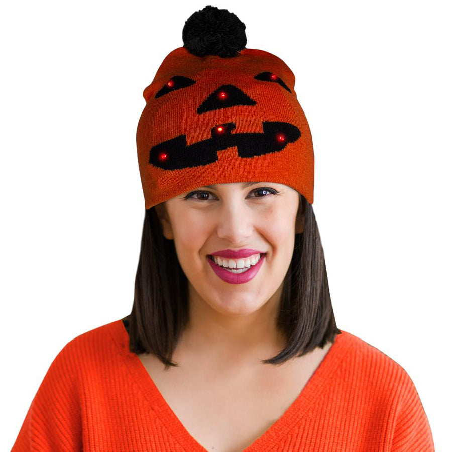 Light Up Monster Pumpkin Knit Pom Pom Beanie