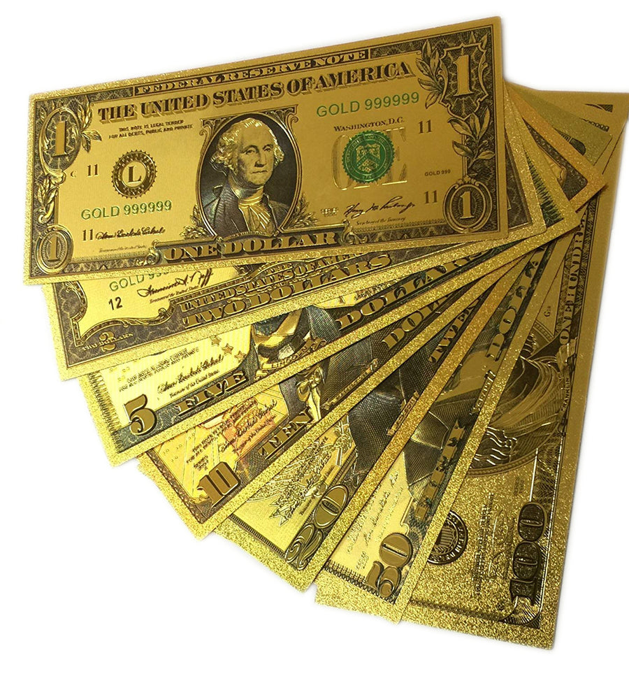 24k Gold Plated Fake Banknote Currency 1 $2 $5 $10 $20 $50 $100 Set of 7