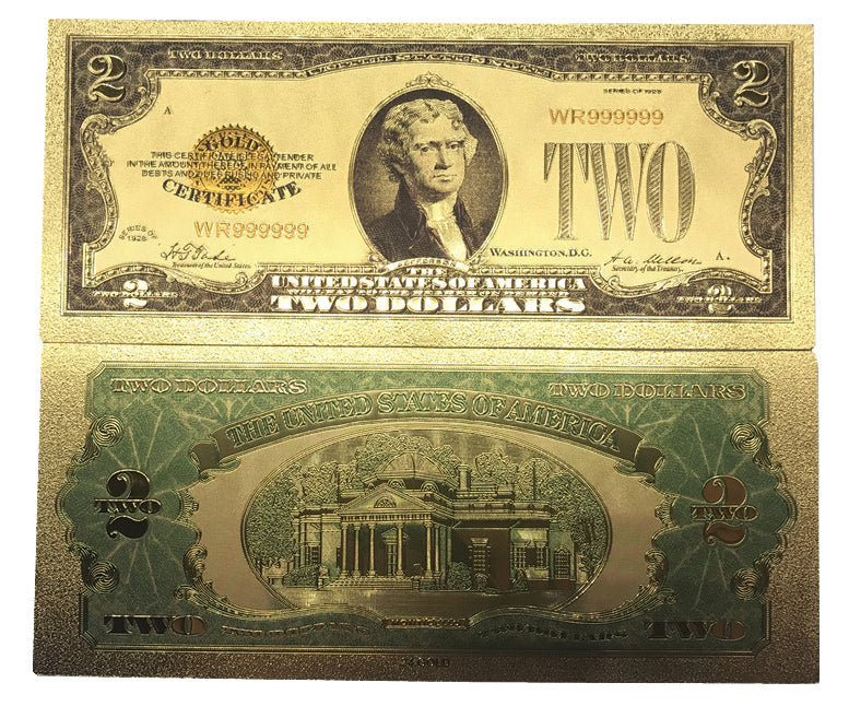 2 Dollar Commemorative Collectible Premium Replica Paper Money Bill 24k Gold Plated Fake Currency Banknote Art Holiday Decoration