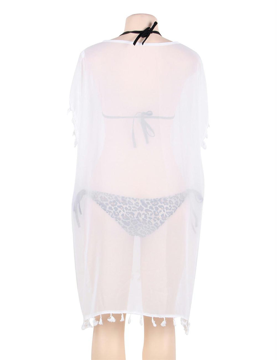 Pom Pom Tassel Hem White Gauze Cover up