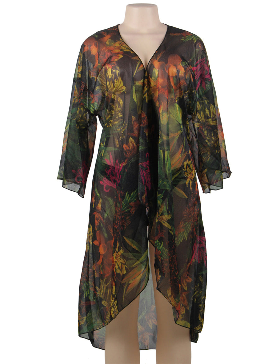 Floral Printed Sexy Sheer Chiffon Cardigan Beach Cover Up