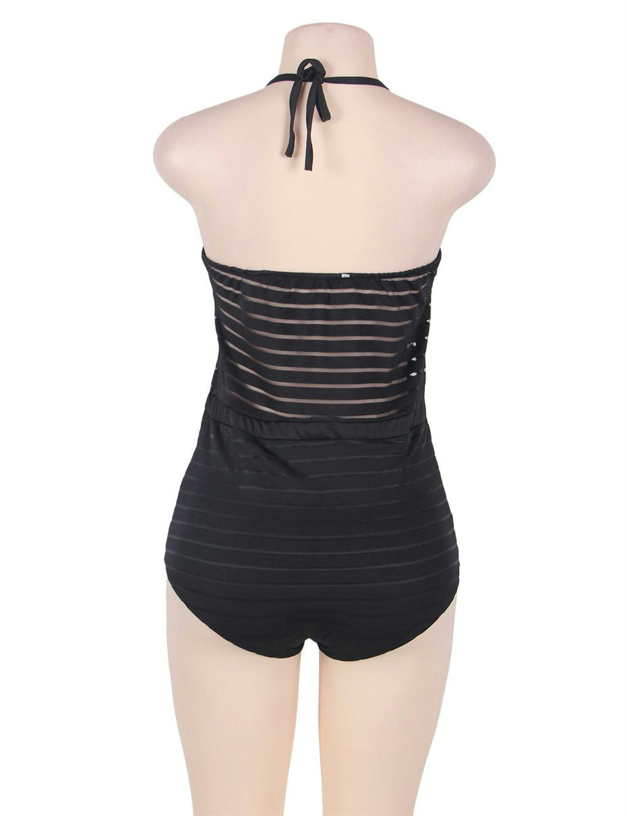 Black Halter Stripy One Piece Swimsuit