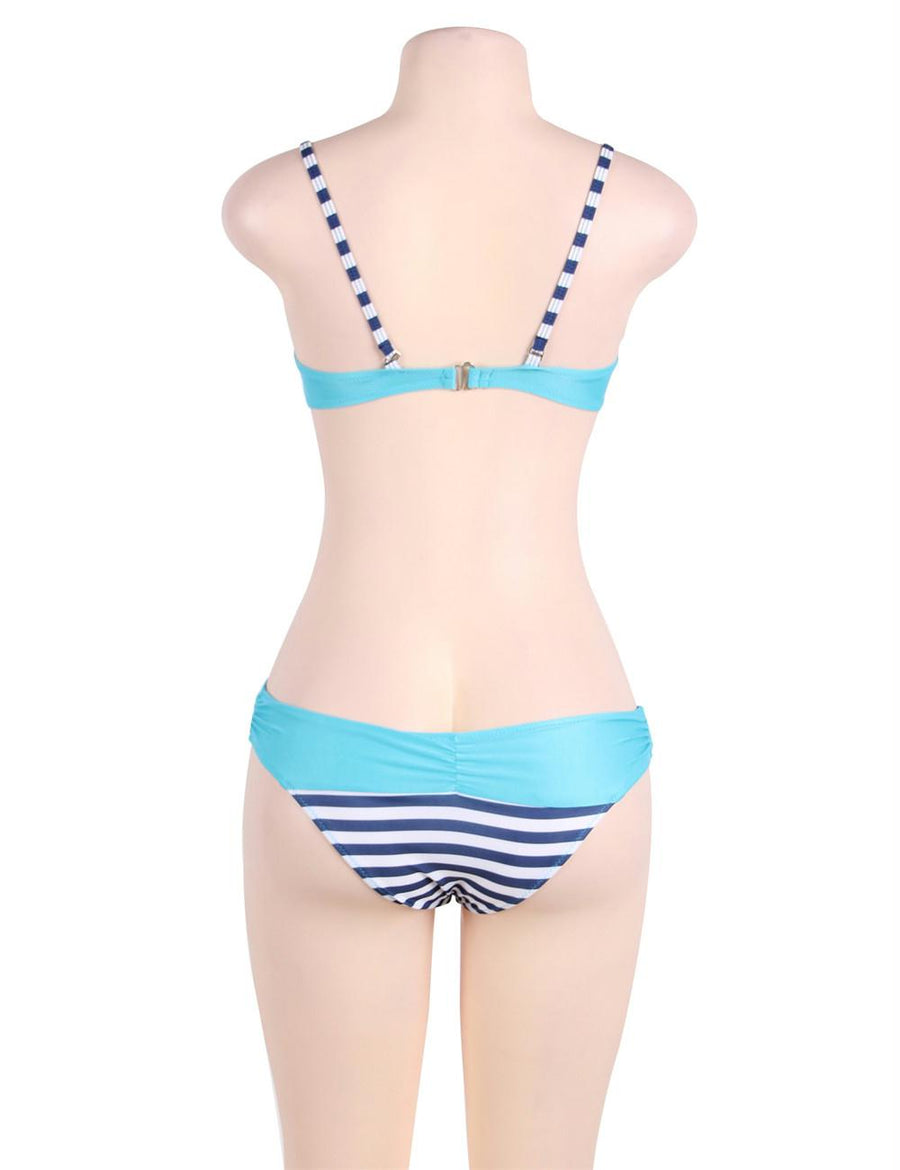 Blue Striped Padded Gather Push-up Bikini Set