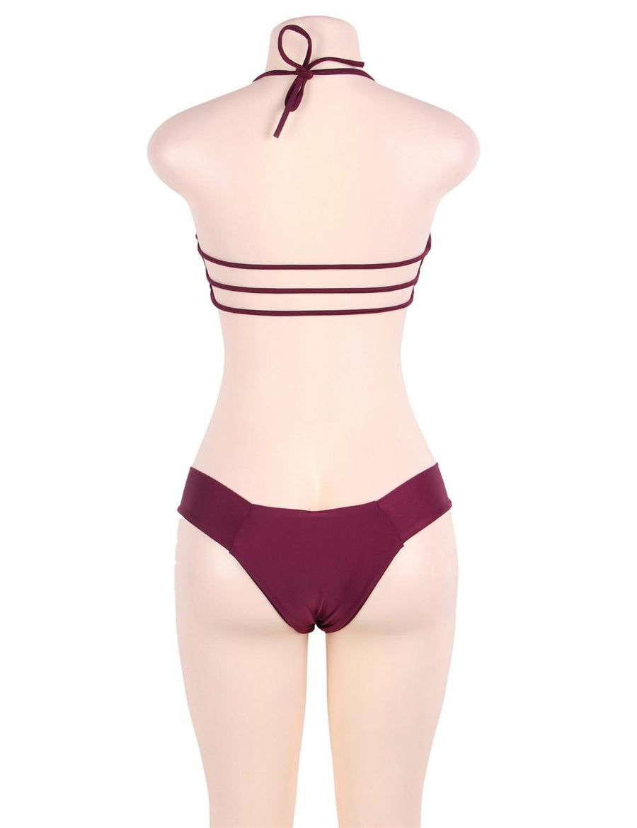 Ladies Dark Red Padded Gather Sexy Bikini Set