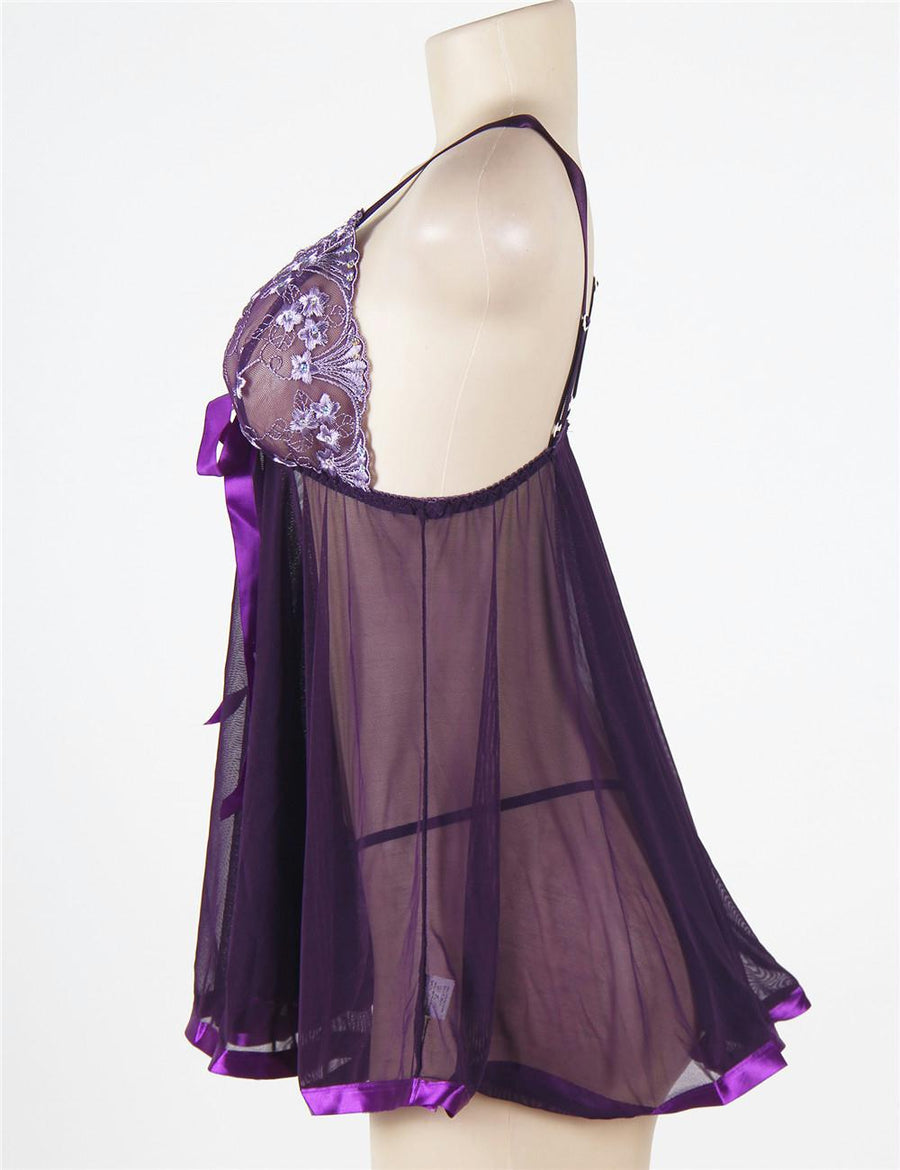 Purple Sheer Lace Babydoll With Open Back