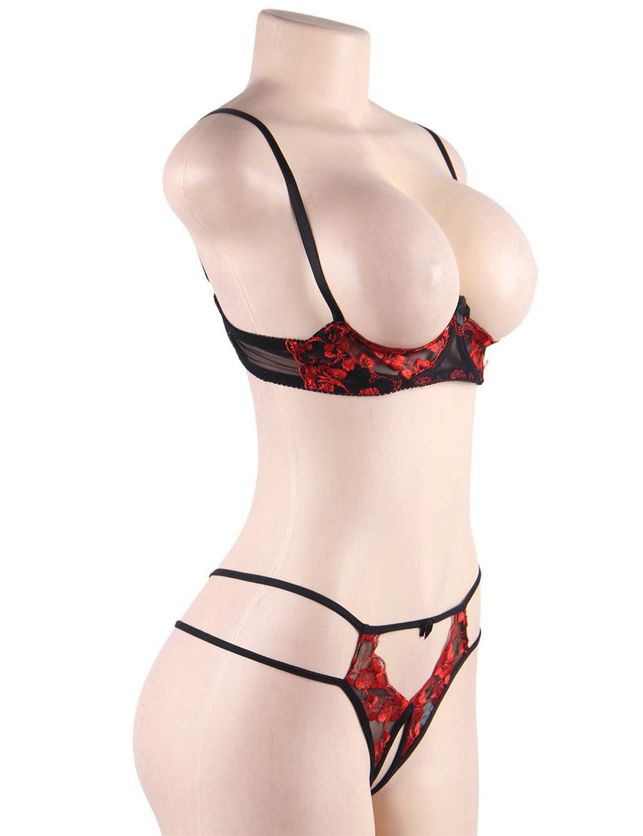 Red flower embroidery open bra