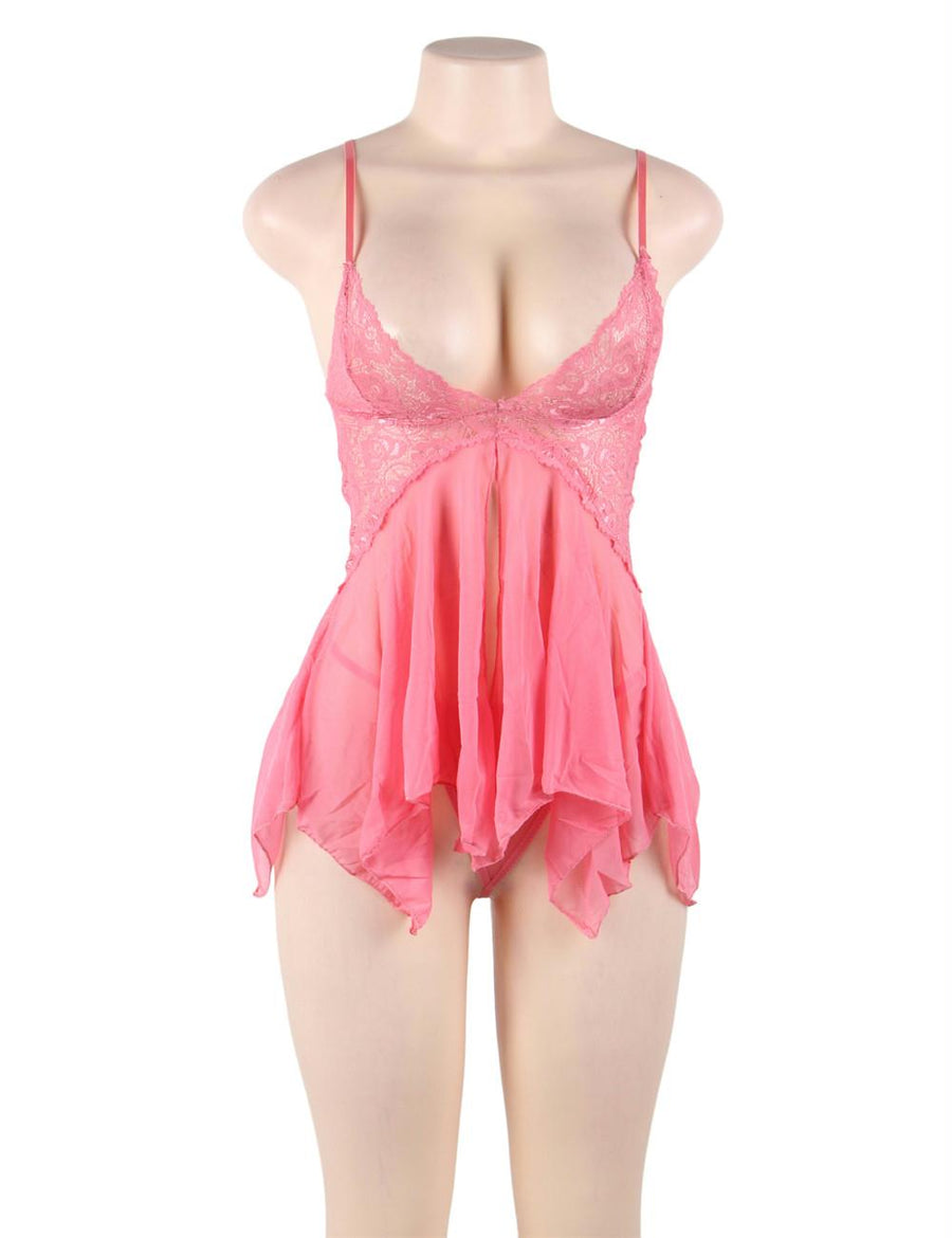 Pink Transparent Lace Babydoll Lingerie