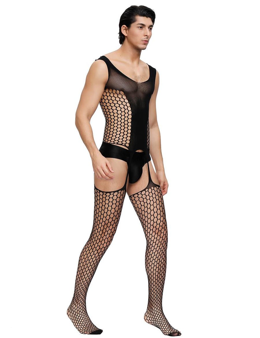 Bold Cutout Pothole Black Bodystockings For Men