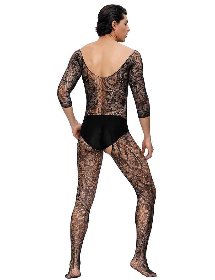 Fishnet & Lace Crotchless Floral Black Bodystockings For Men