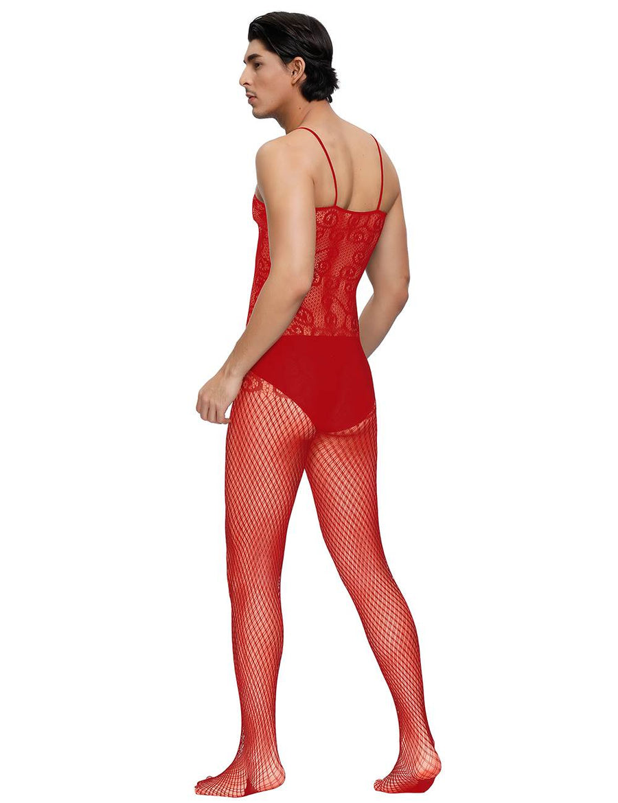 Sexy Red Crocheted Fishnet Bodystockings For Men