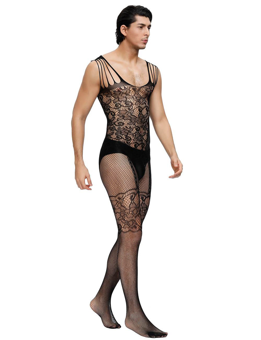 Strappy Shoulders Floral Motif Mesh Black Bodystockings For Men