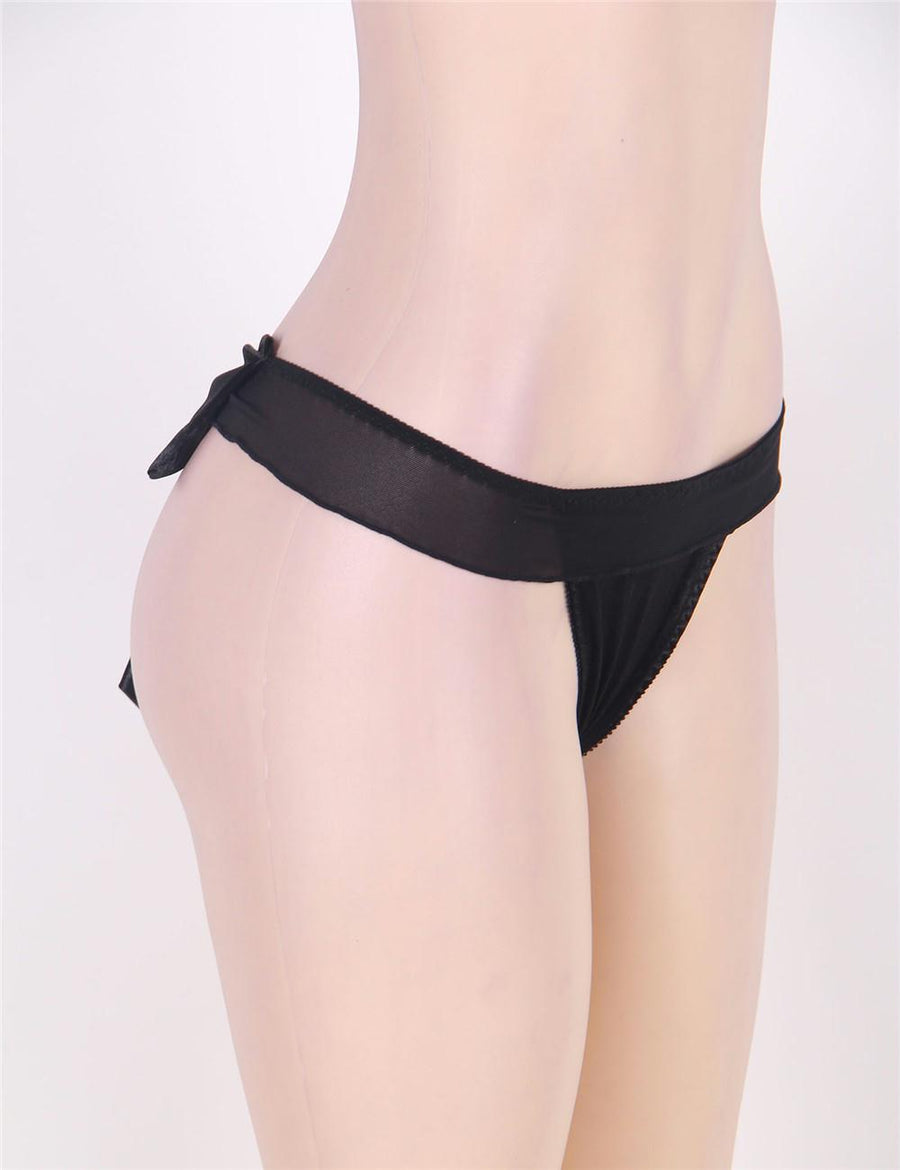 Black Mesh Big Bow Ruffled Thong