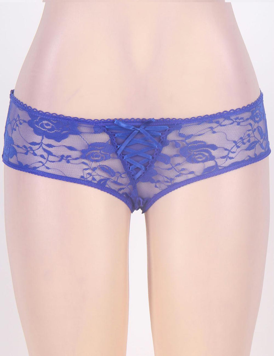 Blue Open Crotch Strappy Lace Thongs