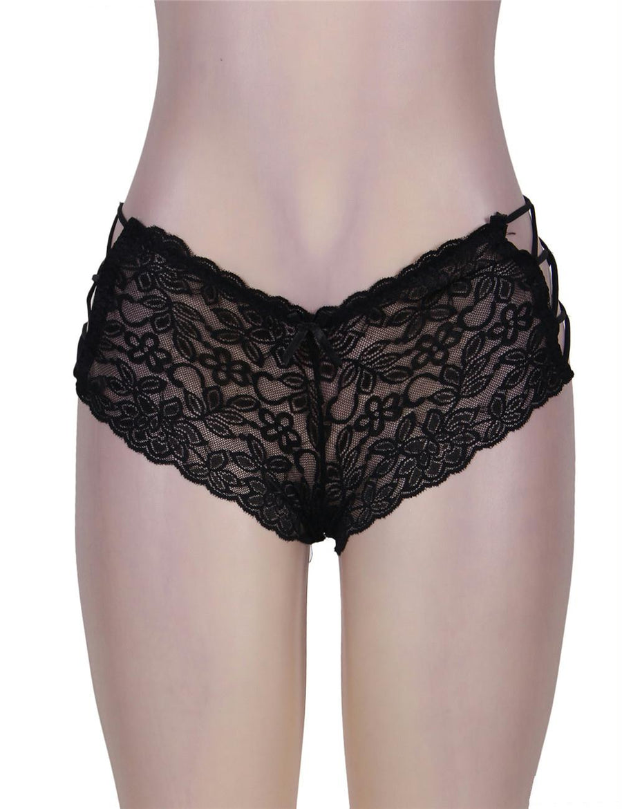 Sexy Black High Waist Floral Lace Strappy Panty