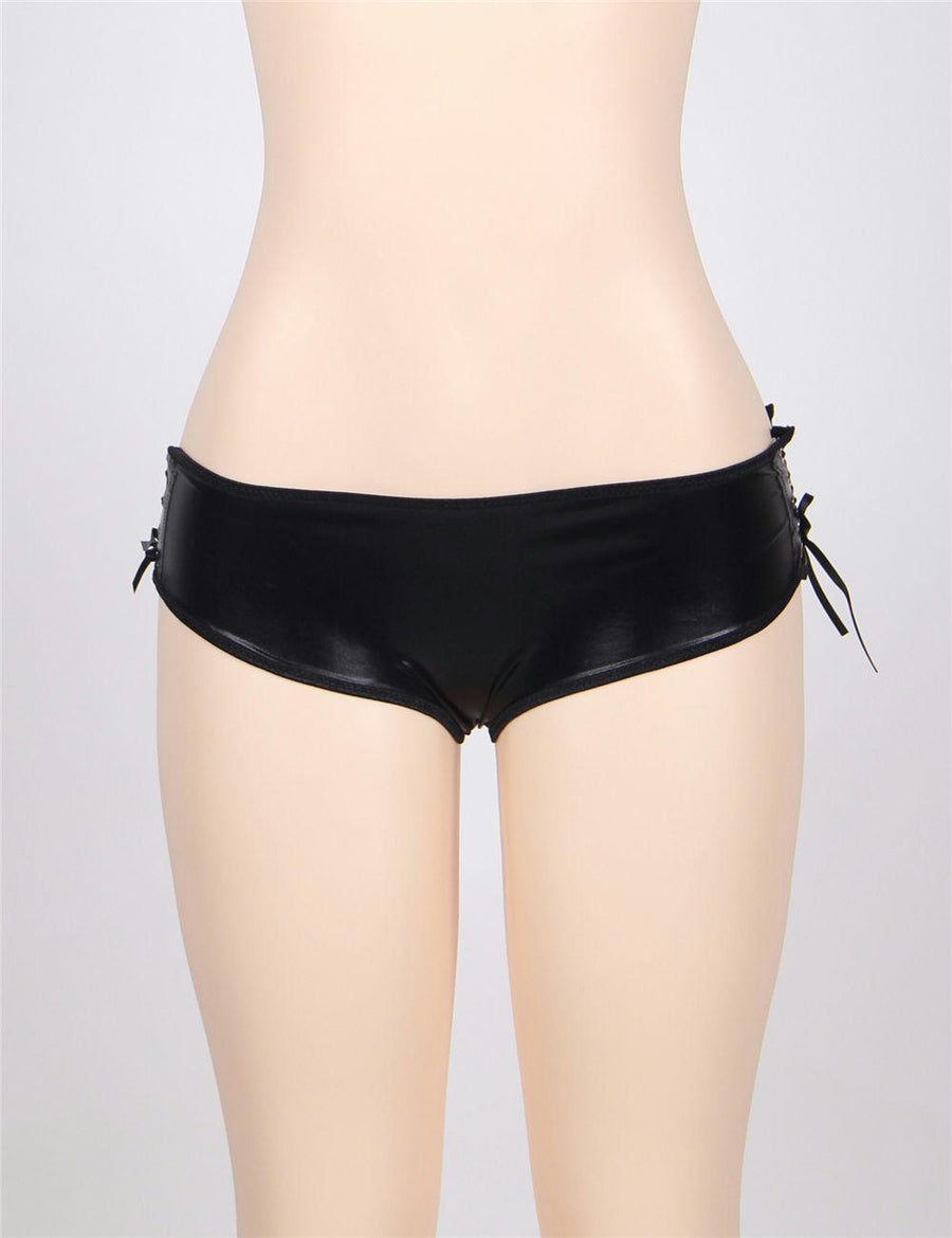 Leather Open Crotch Strappy Black Panty