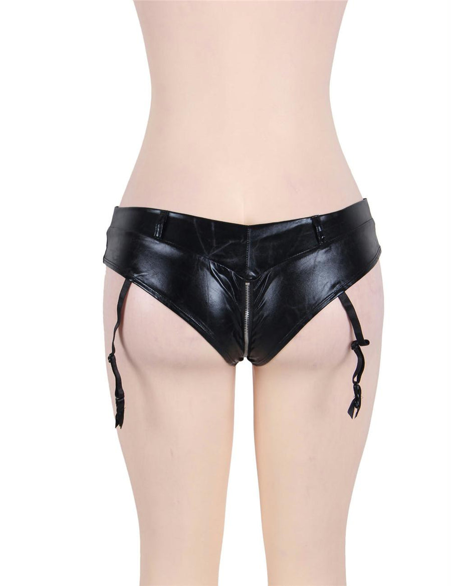 Plus Size Leather Zipper Black Garter Panty