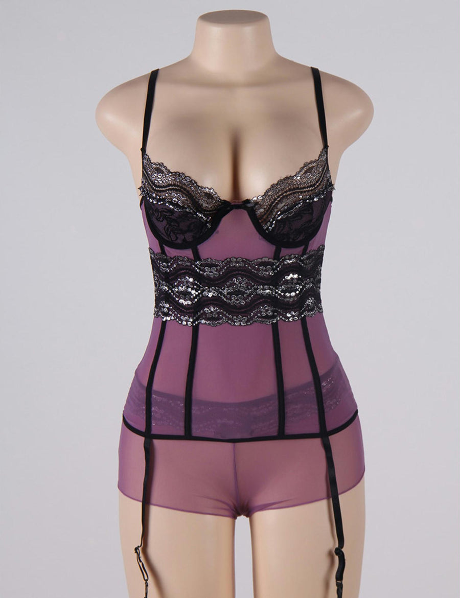 Purple Mesh And Metallic Lace Babydoll