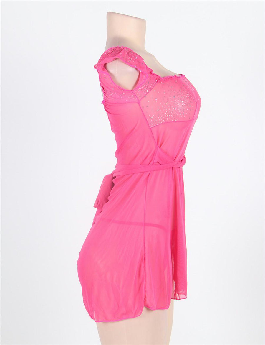 Pink Plus Size Mini Babydoll Dress With Narrow Sleeve