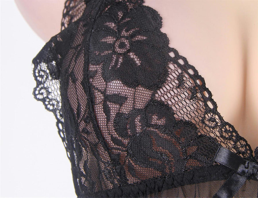 Black Sheer Lace Halter Open Back Lingerie