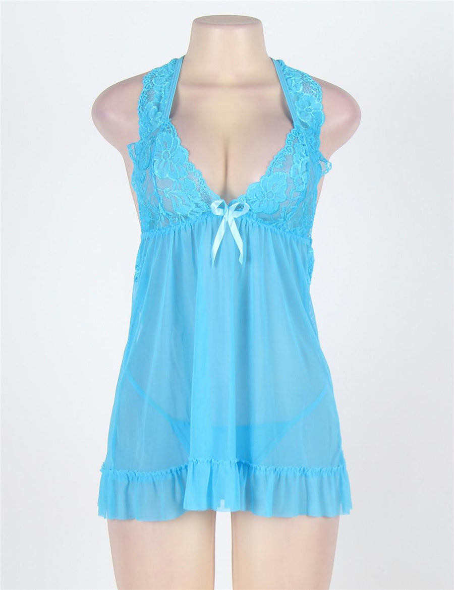 Elegant Light Blue Open Back Lace Chemise