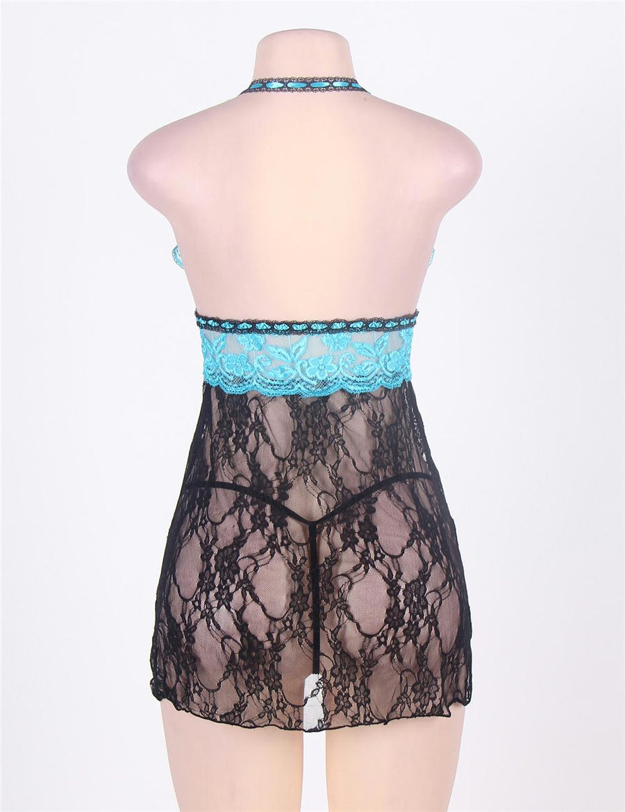 Sexy Halter Sheer Blue And Black Lace Babydoll