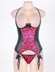 Rosy And Black Plus Size Leather Halter Open Cup Bustier