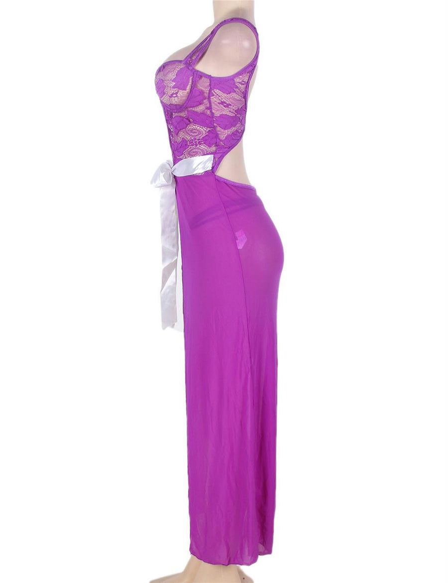 Open Long Purple Lace Dress Sleepwear Gown