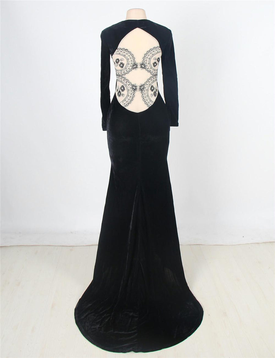 Black Long Sleeve Pattern Back Sheer Prom Dress