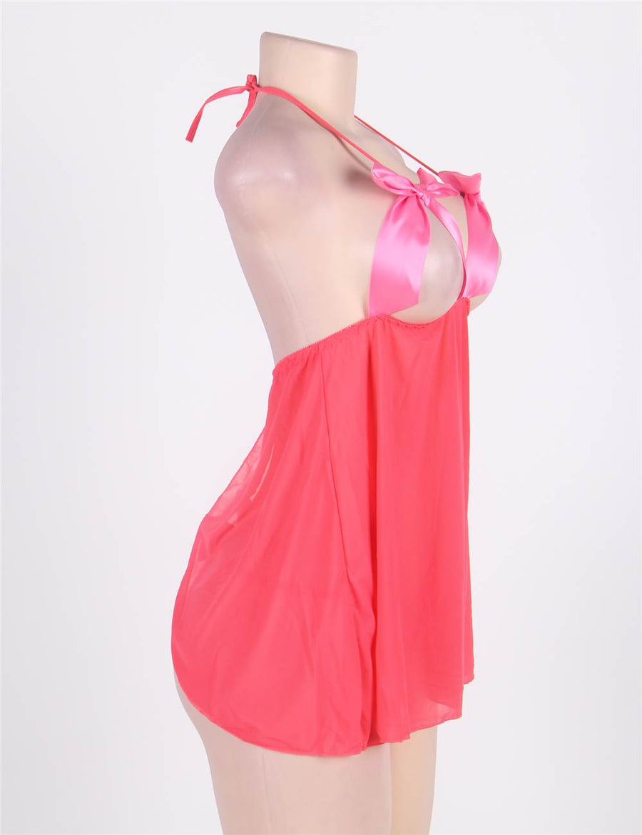 Dark Pink Plus Size Halter Babydoll With Cute Bowknot