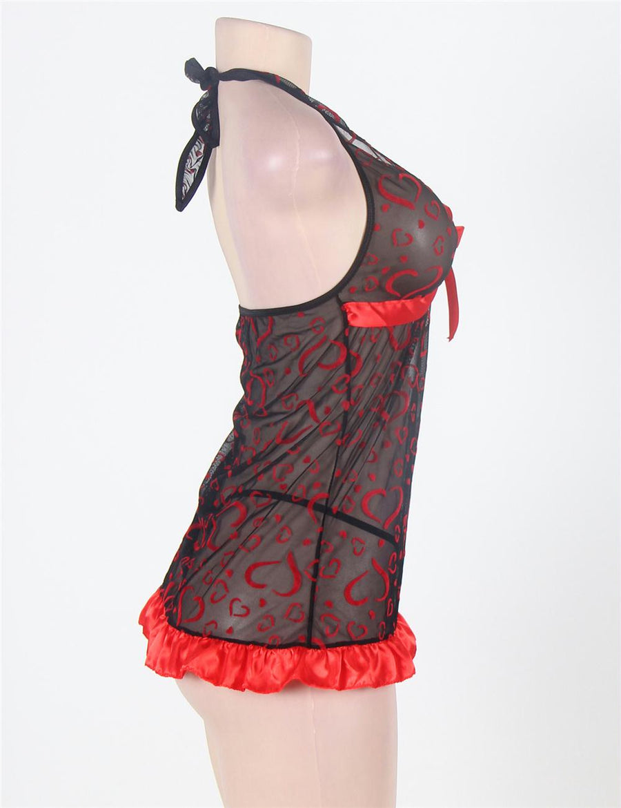 Sexy Halter Red Heart Print Nightie Lingerie