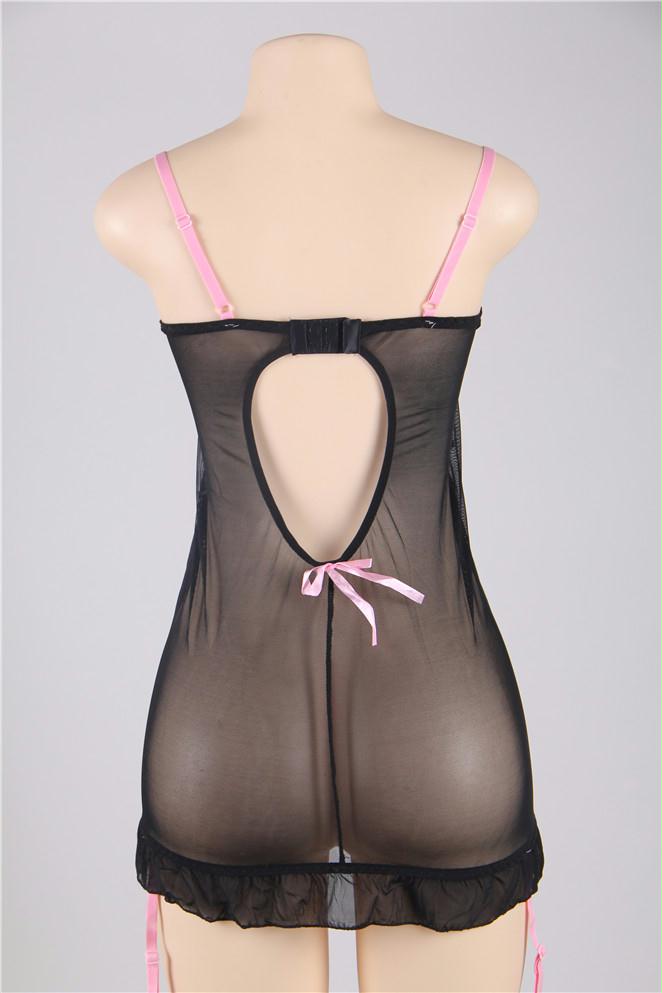 Sexy Ruffled Detail Round Open Back  Black Babydoll