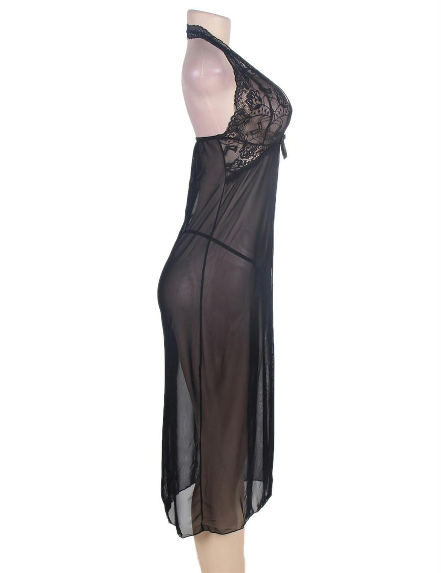 Halter Long Black Sheer Lace Dress