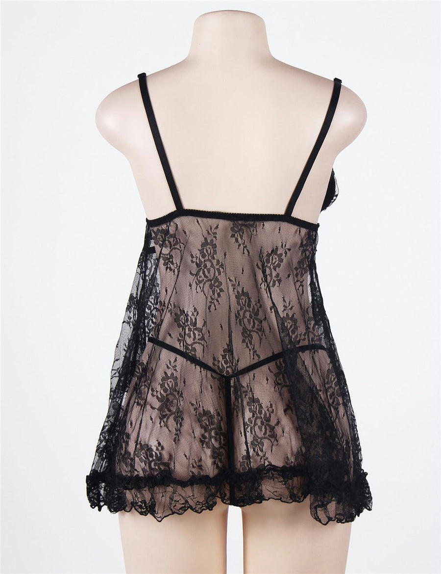 Sexy Black Lace Mesh Babydoll Dress Nightwear