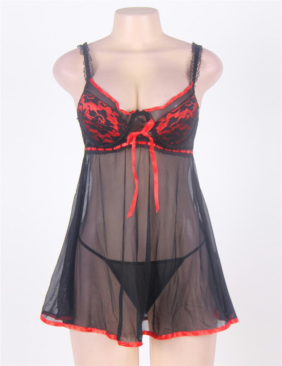 Mesh Black Transparent Babydoll With Red Ribbon