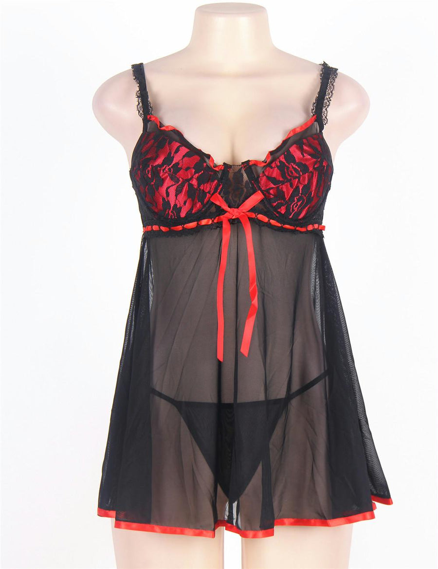 Black Plus Size Transparent Babydoll With Red Ribbon