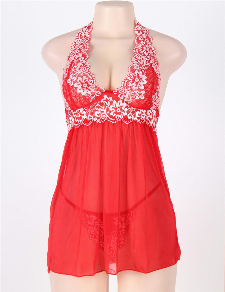 Red Lace stitching Halter Open Back Sleepwear