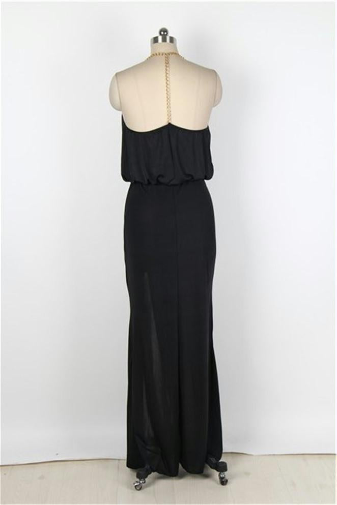 Black Gold Chain Halter Maxi Dress with T Back