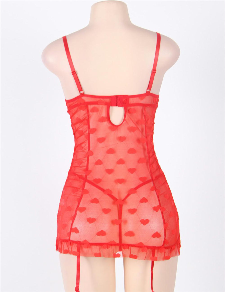 Red Halter Heart Jacquard Mesh Garter Lingerie