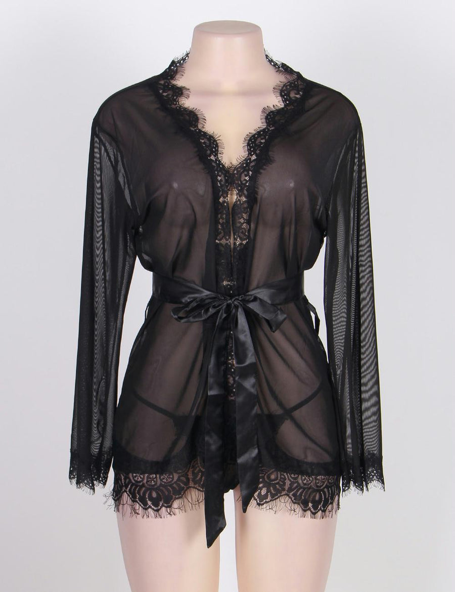 Black Sheer Lace Trim Sexy Robe With Belts