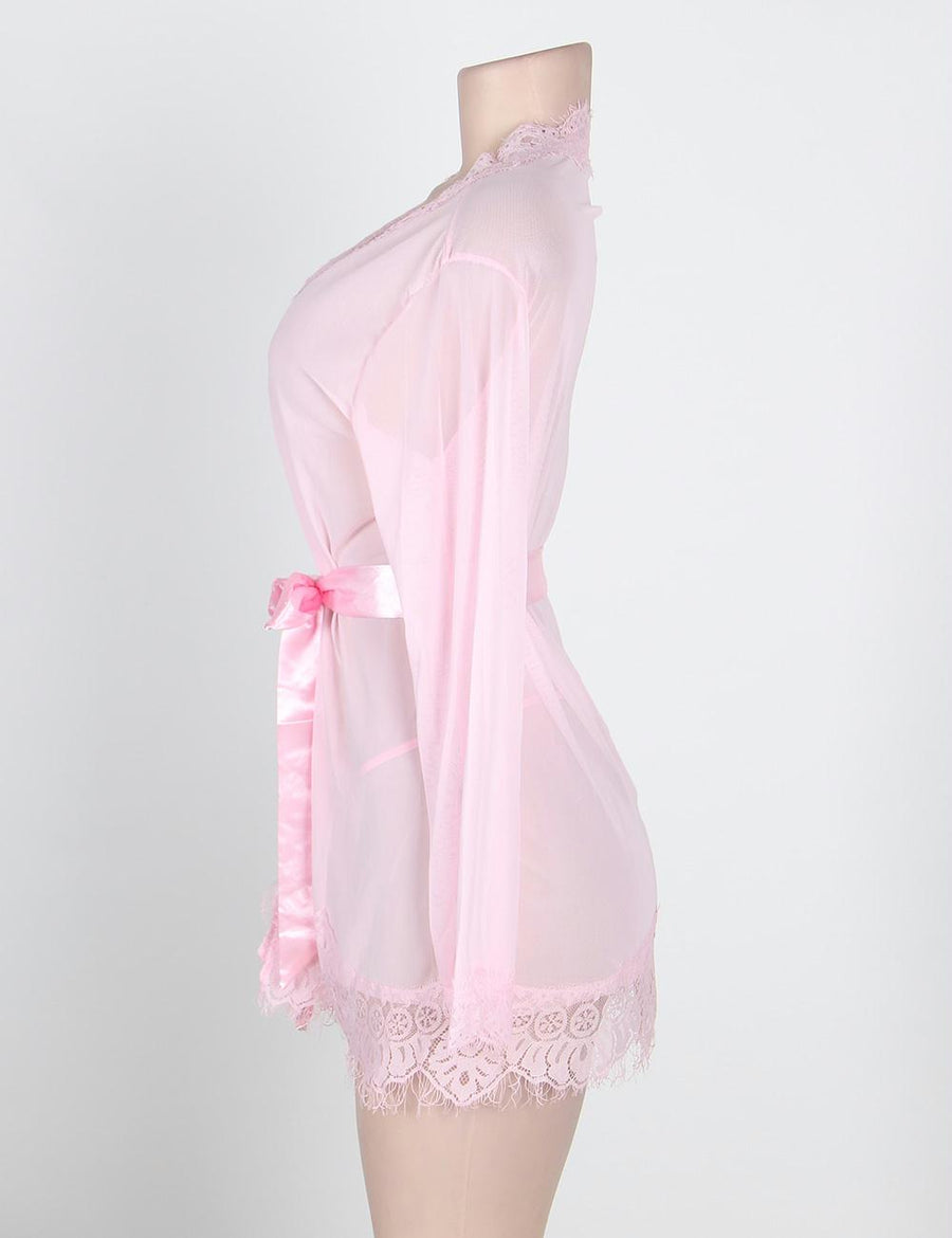 Sexy Pink Sheer Lace Trim Robe With G-String