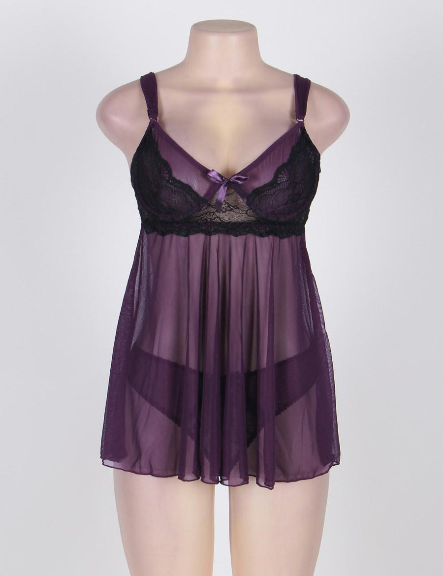 Appealing Flower Pattern Lace Transparent Violet Mini Dress