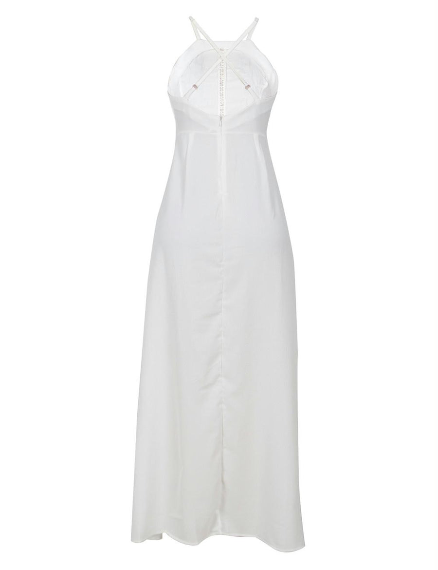 Elegant White Embroidery Backless Long Dress