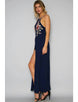 Elegant Dark Blue Embroidery Backless Long Dress