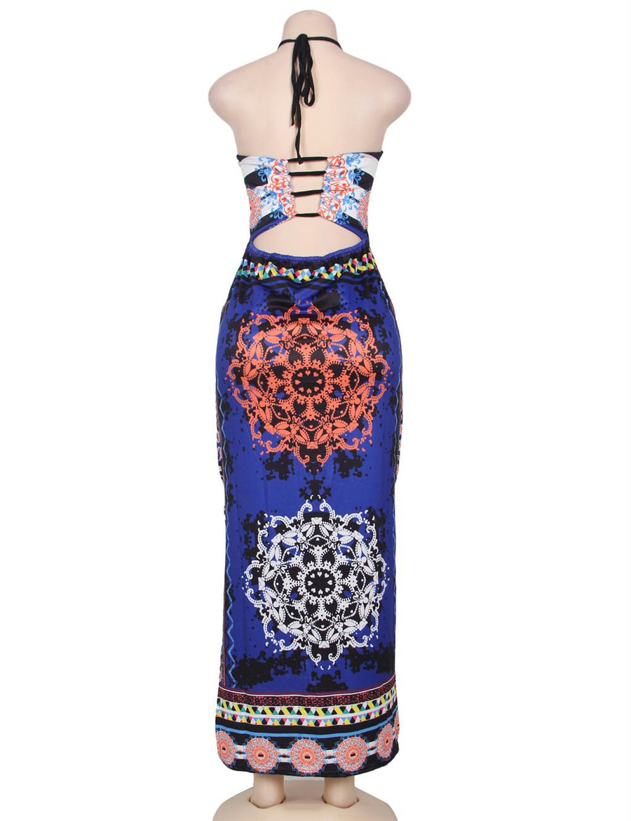 Dark Royal African Pattern Flowered Halter Long Dress