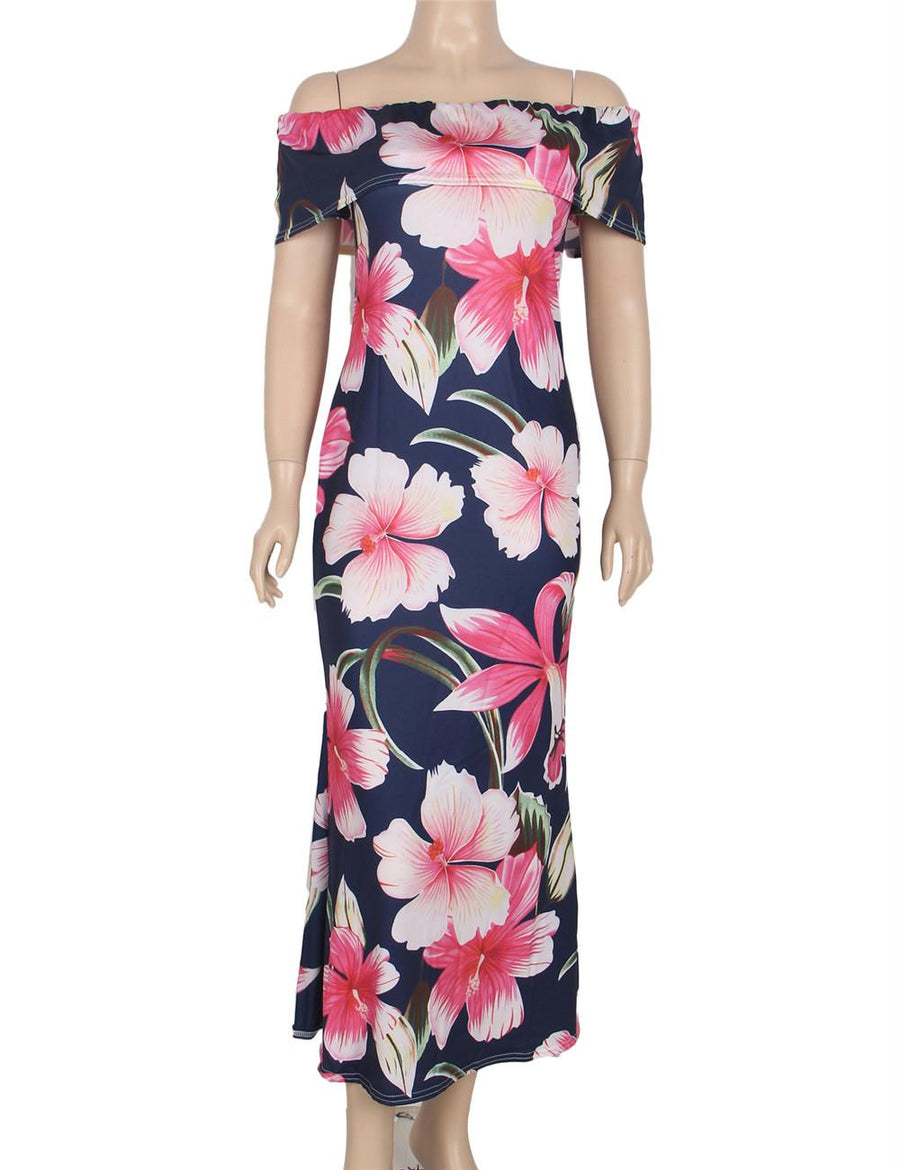 Navy Blue Roses Print Off-Shoulder Long Dress