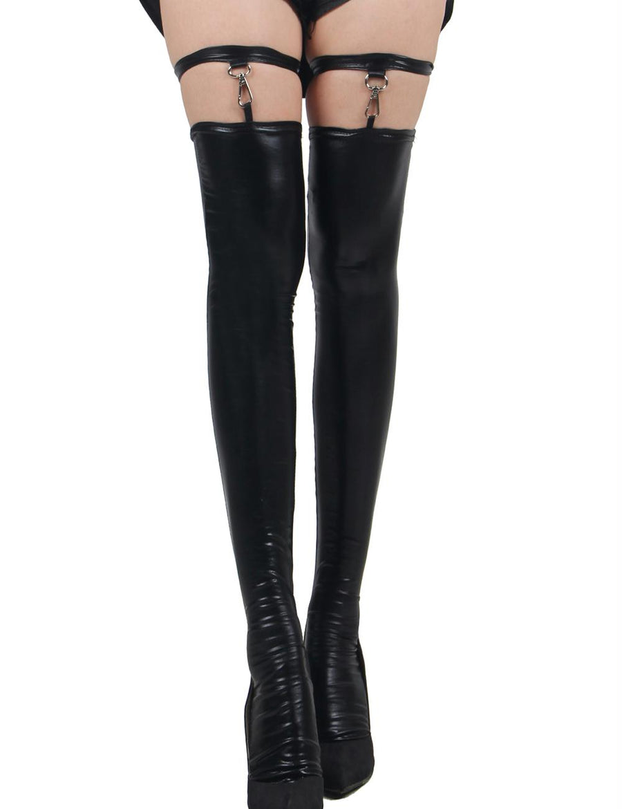 Black Faux Leather Fetish Stockings