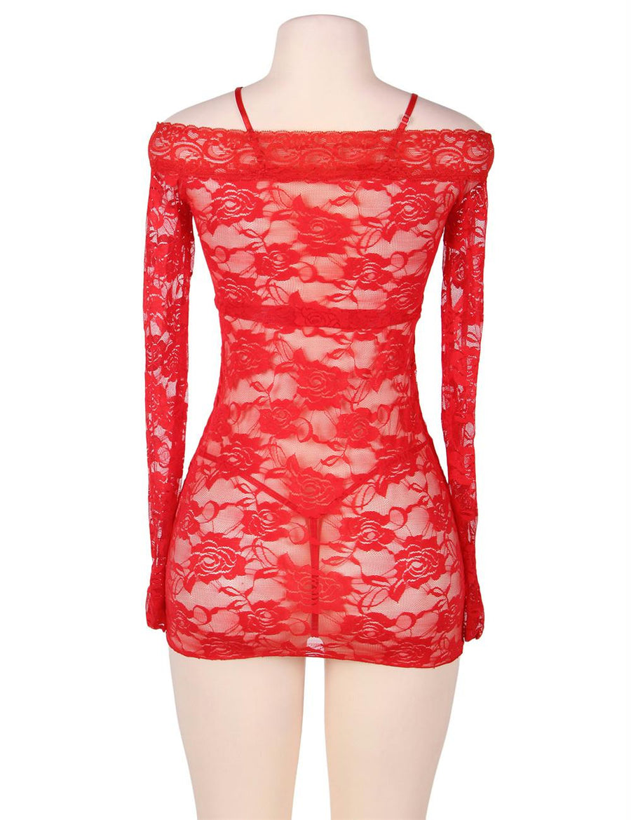 Sexy Off -Shoulder Sheer Red Lace Chemise Dress