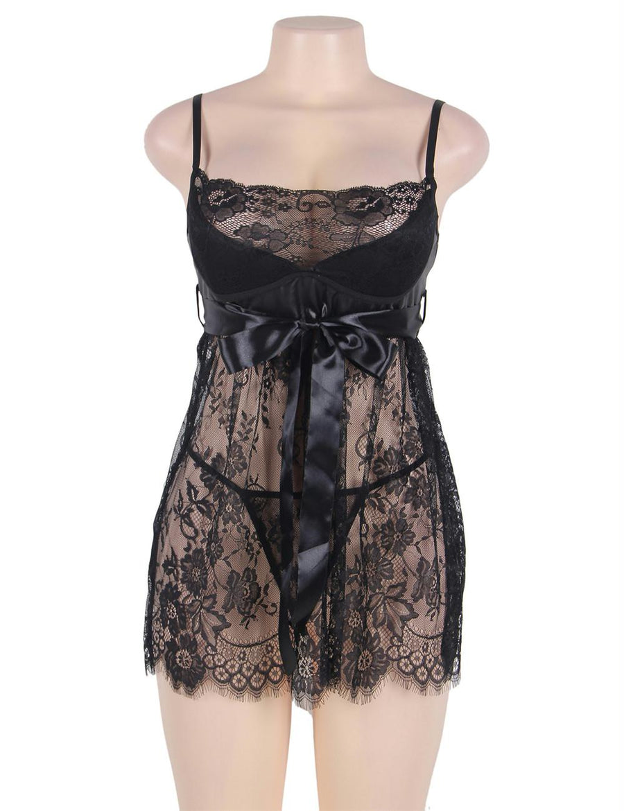 Sexy Black Eyelash Trim Lace Babydoll Set