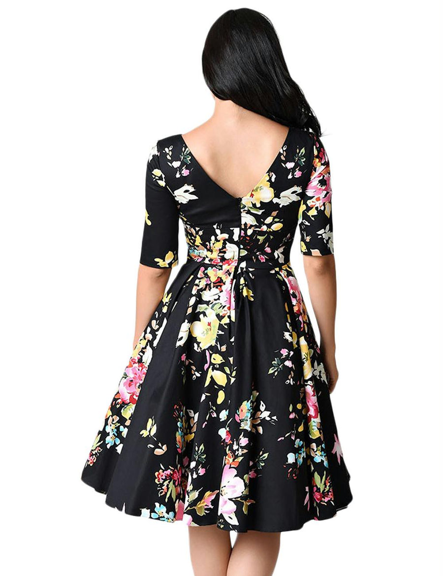 Half Sleeve Black Vintage Style Floral Swing Dress